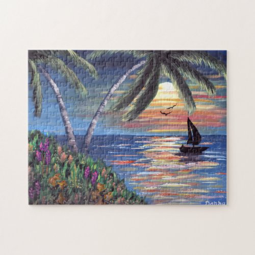Palm Trees Sunset Ocean Painting Jigsaw Puzzle