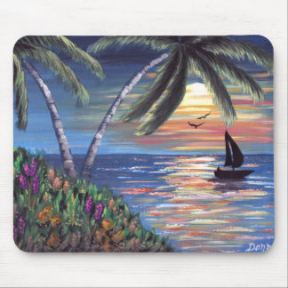 Palm Trees Sunset Ocean Painting Mouse Pad