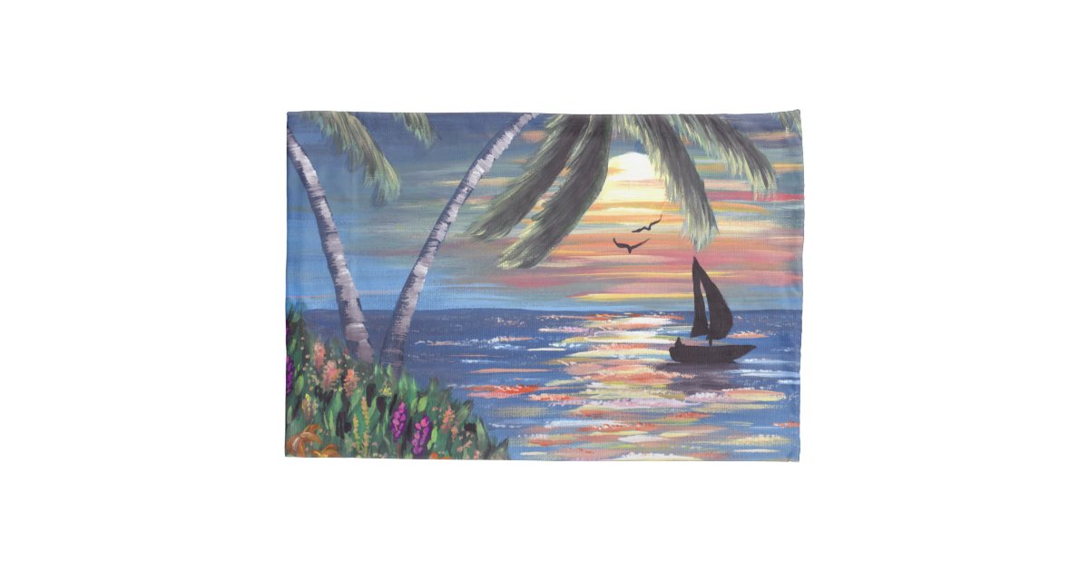 Palm Trees Sunset Ocean Painting Pillow Case Zazzle Com