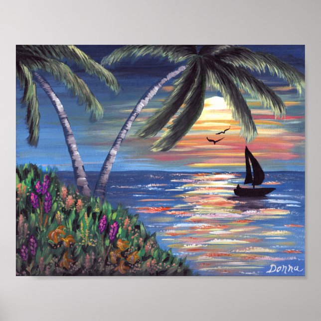 Palm Trees Sunset Ocean Painting Poster (Front)