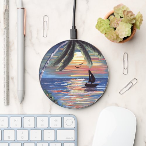 Palm Trees Sunset Ocean Painting Wireless Charger