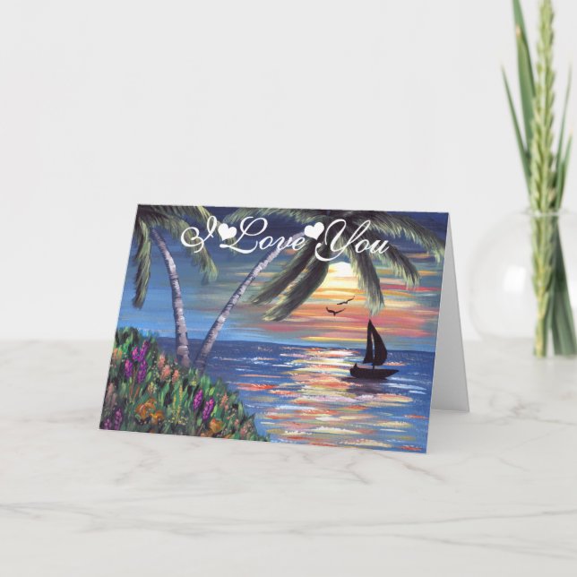 Palm Trees Sunset Painting I Love You Card (Front)