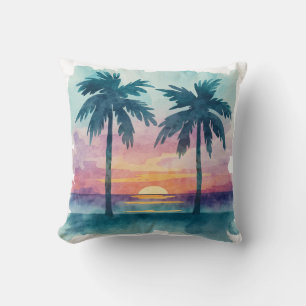 Palm Trees Sunset Tropical Beach Throw Pillow