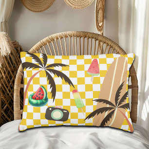 Palm Trees Surfboard Checkered Summer Accent Pillow