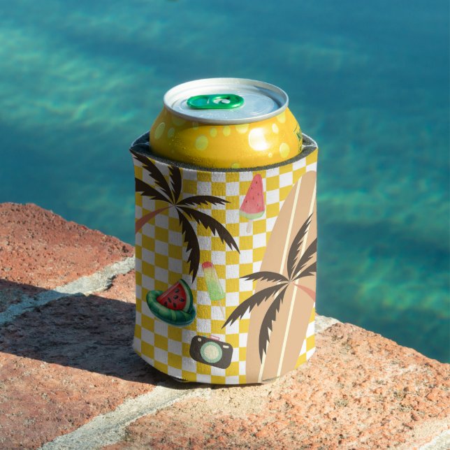Palm Trees Surfboard Checkered Summer  Can Cooler (In Situ Pool)