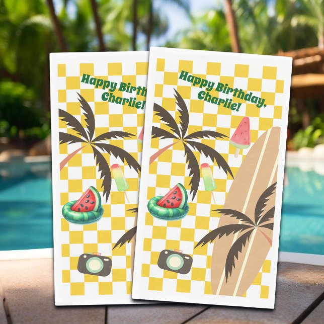 Palm Trees Surfboard Checkered Summer Party Paper Guest Towels (Creator Uploaded)