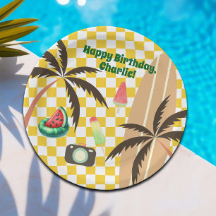 Palm Trees Surfboard Checkered Summer Party Paper Plates