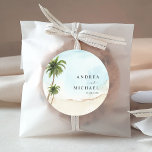 Palm Trees Tropical Beach Destination Wedding Classic Round Sticker<br><div class="desc">Celebrate your wedding with these pretty stickers,  featuring watercolor palm trees and your custom text. Easily add your own details by clicking on the "personalize" option.</div>