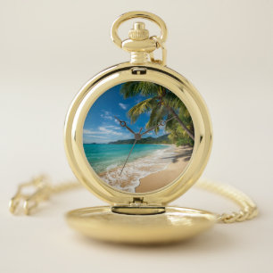 Palm Trees Tropical Beach Ocean Pocket Watch