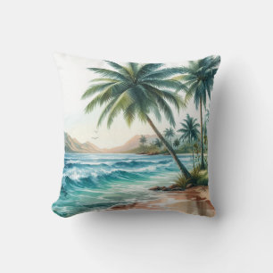 Palm Trees Tropical Beach Ocean Waves Sun Throw Pillow