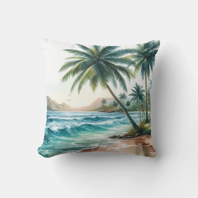 Palm Trees Tropical Beach Ocean Waves Sun Throw Pillow (Front)