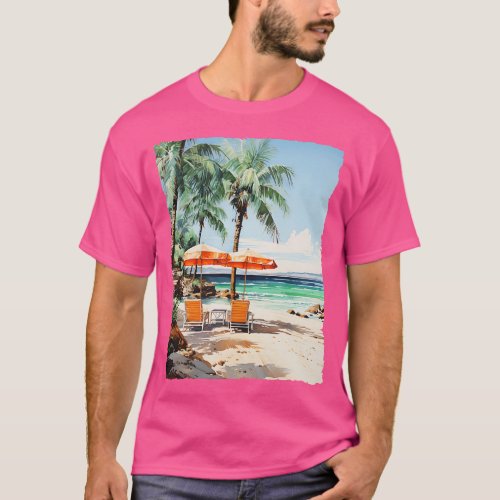 Palm Trees Tropical Beach Umbrella Seascape T_Shirt