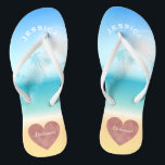 Palm Trees Tropical Beach Wedding Heart Bridesmaid Flip Flops<br><div class="desc">Personalized, trendy rose gold heart beach wedding flip flop sandals for bridesmaids and other members of the bridal party- Background is a tropical beach scene with a palm trees against a pretty blue sky and full sunlight with aqua turquoise water and sandy beach. Faux foil, rose gold heart design at...</div>