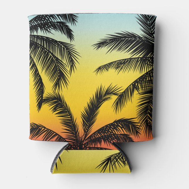 Palm trees, tropical grunge sunset card. can cooler (Front)