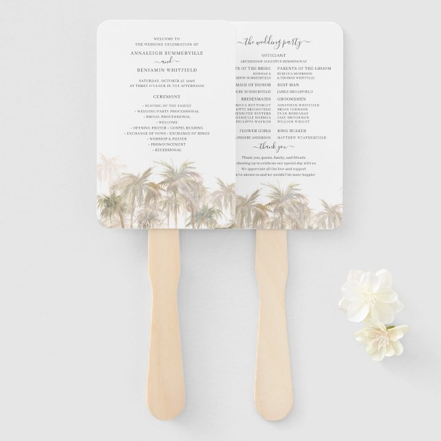 Palm Trees Tropical Modern Wedding Program Hand Fan (Front and Back)