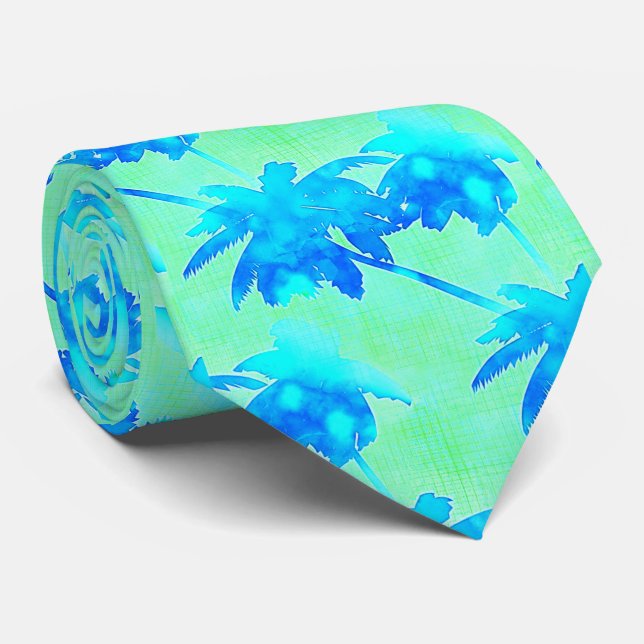 Palm Trees Tropical Pattern Bright Blue Green Neck Tie (Rolled)