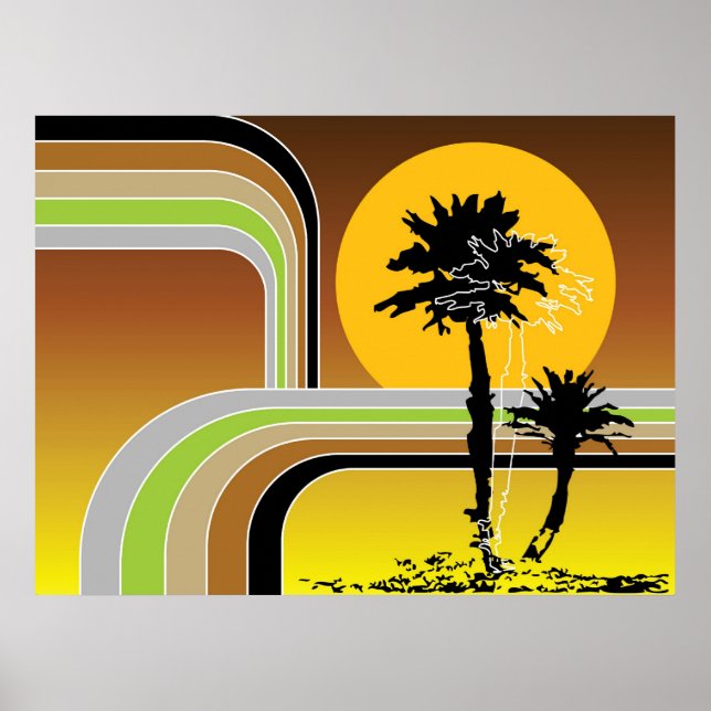 Palm Trees Tropical Retro Beach Sunset Stripes Mod Poster (Front)