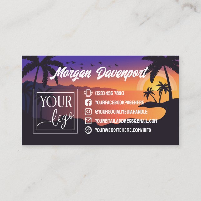 Palm Trees Tropical Sunset with Your Logo Photo Business Card (Front)