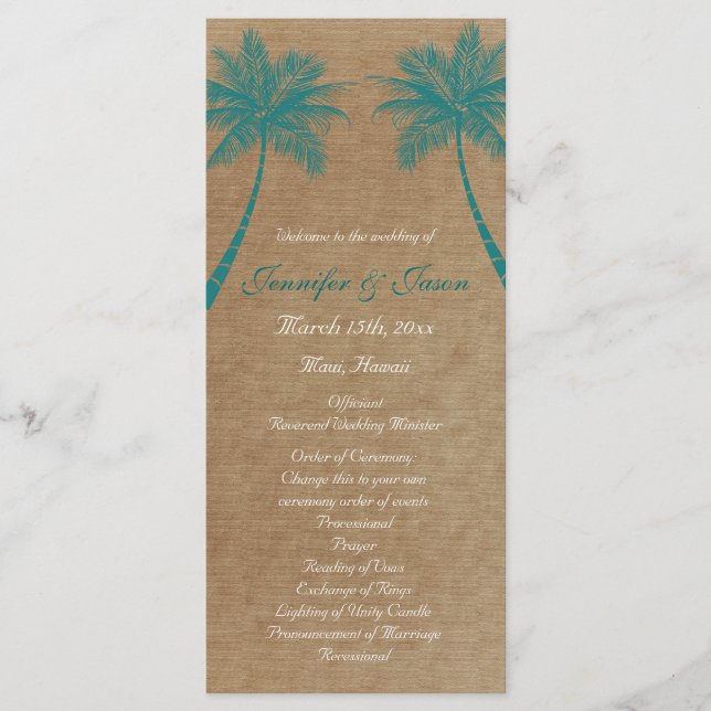 Palm Trees Tropical Teal Beach Wedding Programs (Front)