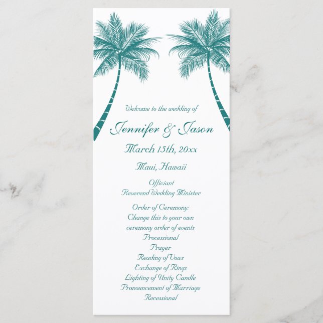 Palm Trees Tropical Teal Beach Wedding Programs (Front)
