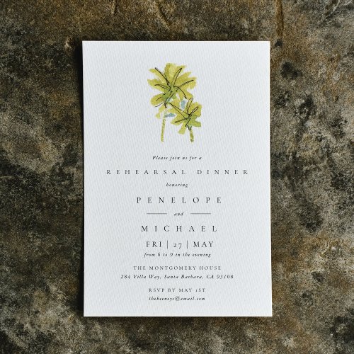 Palm Trees Tropical Watercolor Rehearsal Dinner Invitation