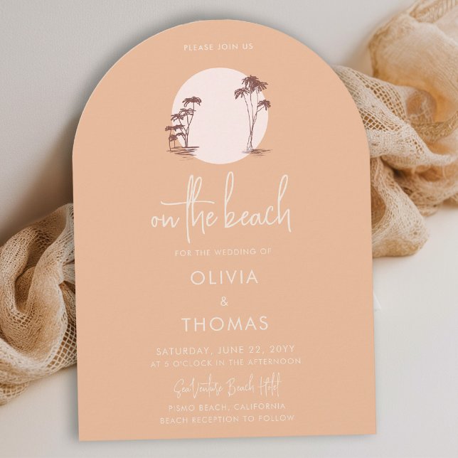 Palm Trees Warm Sand Sunset Pink Sun Beach Wedding Invitation (beach wedding invitation tropical palm trees sun hand drawn modern calligraphy warm sand beige)