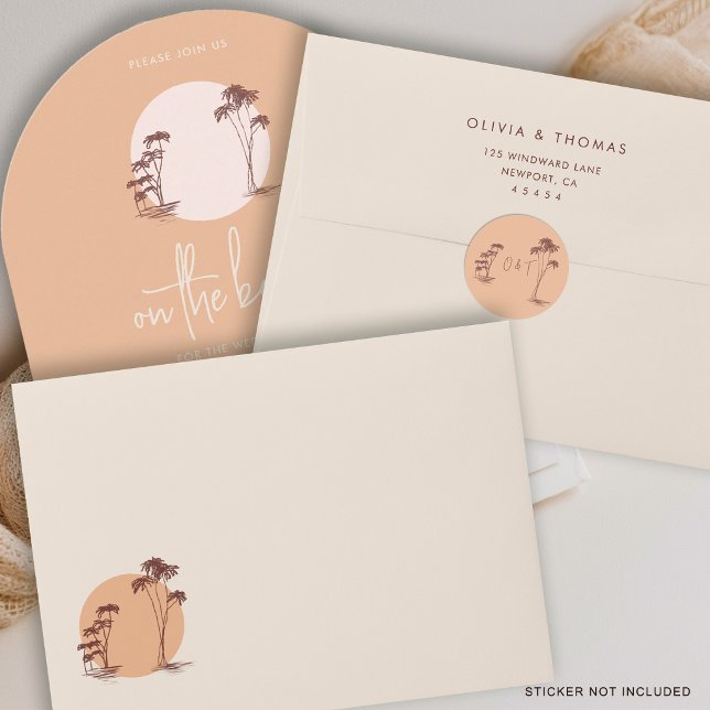 Palm Trees Warm Sand Sunset Sun Beach Wedding Envelope (beach wedding envelope tropical palm trees sun beach modern calligraphy warm sand beige terracotta)