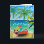 Palm Trees, Water, Beach for your Birthday Card<br><div class="desc">Happy Birthday with sand and palm trees -- gentle and relaxing -- with sailboats in the background.</div>