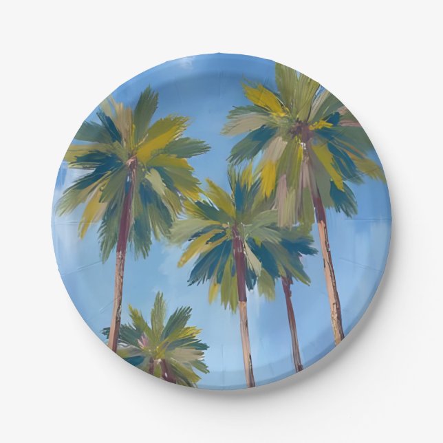 Palm Trees Watercolor Art Tropical Paper Plates (Front)