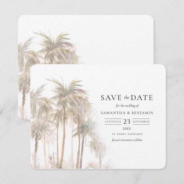 Palm Trees Watercolor Coastal Destination Save The Date (Front/Back)