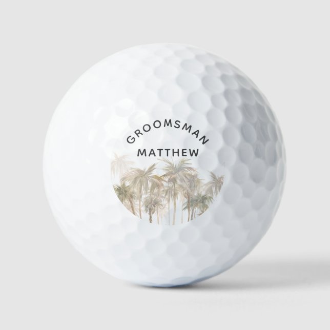 Palm Trees Watercolor Tan Coastal Wedding Favor Golf Balls (Front)