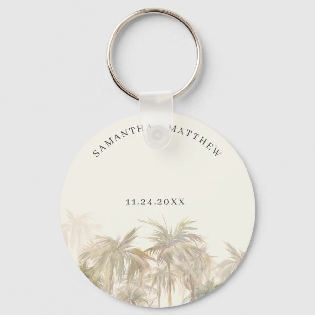 Palm Trees Watercolor Tan Coastal Wedding Favor Keychain (Front)
