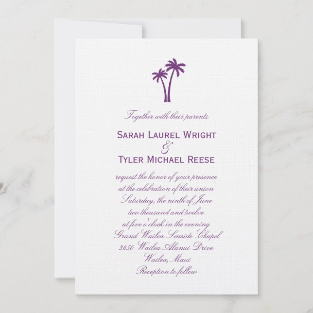 Palm Trees Wedding Invitation - Purple (Front)