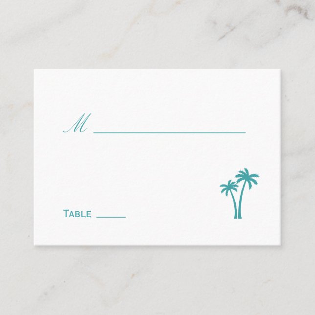 Palm Trees Wedding Place Card - White/Aqua (Front)