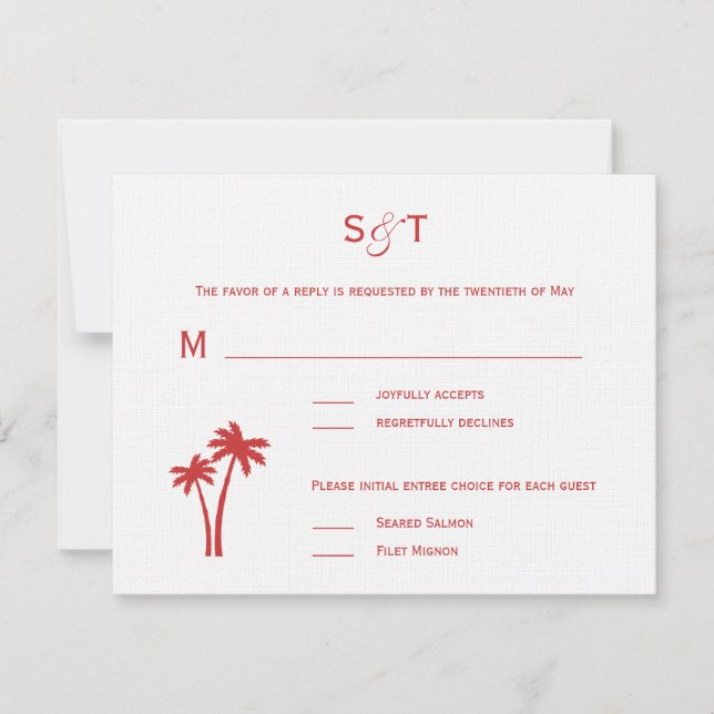 Palm Trees Wedding RSVP Card - White/Red (Front)