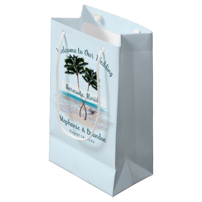 Palm Trees Wedding Welcome Paper Bags (Front Angled)