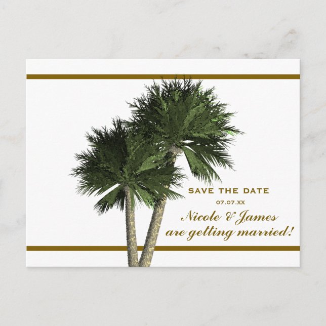 Palm Trees White & Gold Elegant Save The Date Card (Front)