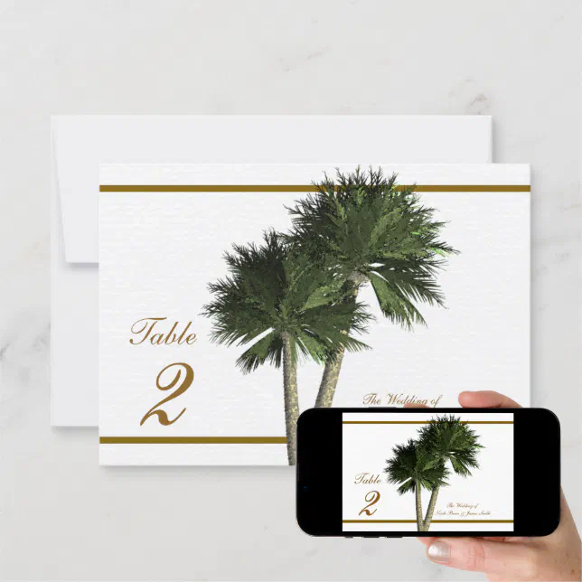 Palm Trees White & Gold Elegant Wedding Table Card | Zazzle