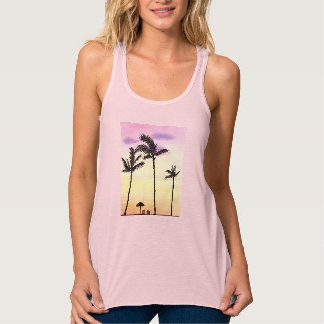 Palm Trees with beautiful Sunrise Watercolor Art Tank Top (Front)