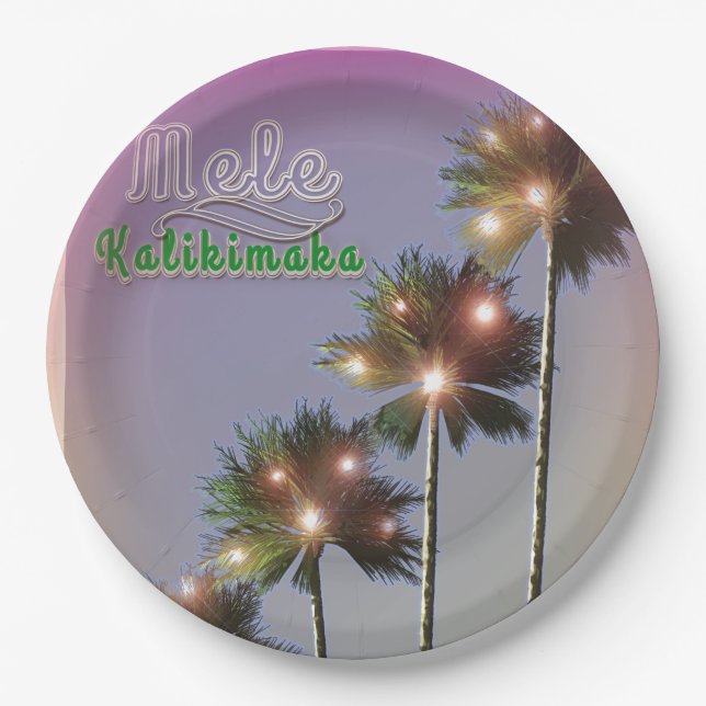 Palm Trees With Lights Mele Kalikimaka Paper Plates (Front)