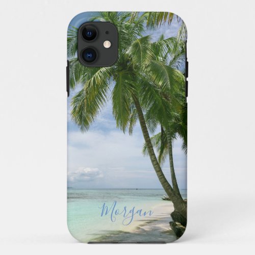 Palm Trees Your Photo Name Blue Script iPhone 11 Case