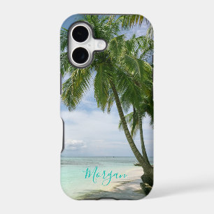 Palm Trees, Your Photo, Name Teal Script iPhone 17 Case