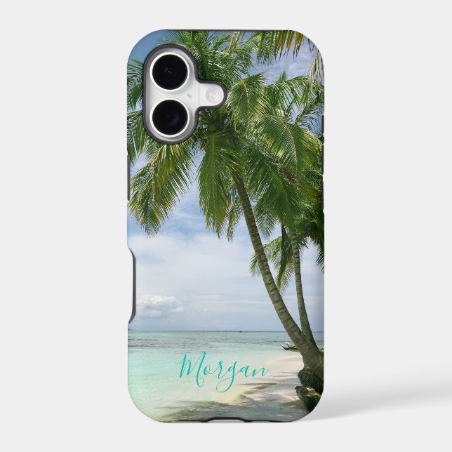 Palm Trees, Your Photo, Name Teal Script Iphone Case (Back)