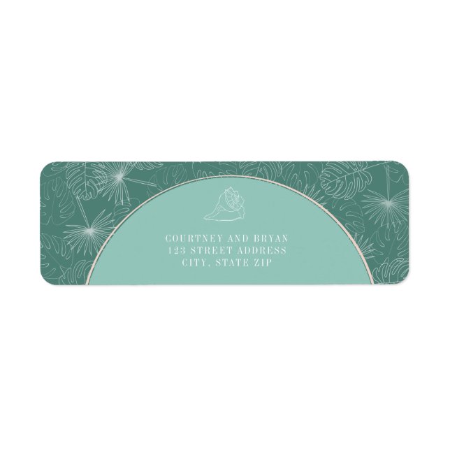 Palm Tropical Aqua Seashell Beach Wedding Label (Front)