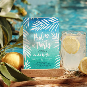 Palm Tropical Blue Ombre Sweet 16 Pool Party Invitation