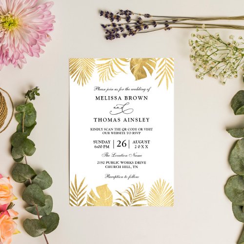 Palm Tropical Gold Budget QR Code Wedding Invitation