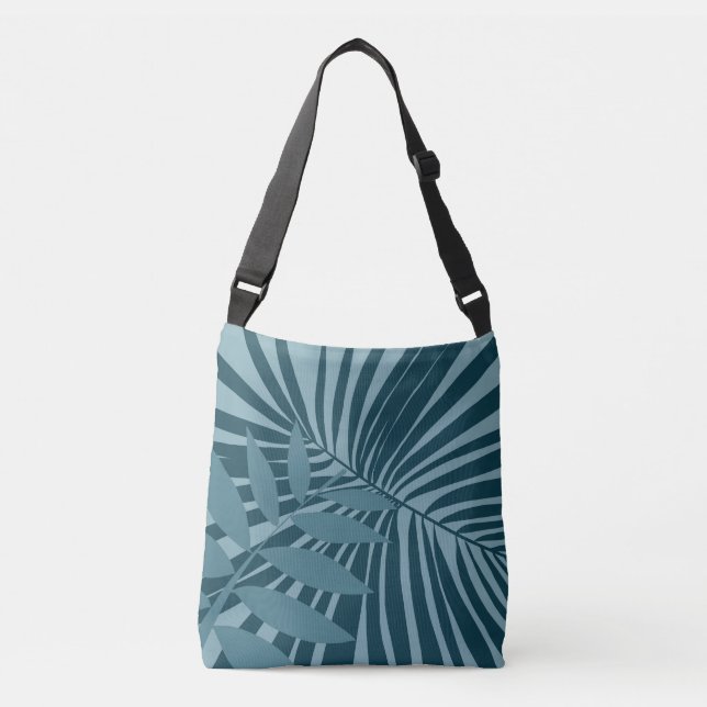 palm & tropical leaf abstract in blue green gray crossbody bag (Front)