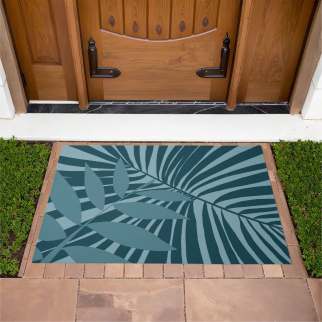 palm & tropical leaf abstract in blue green gray doormat (Outdoor)