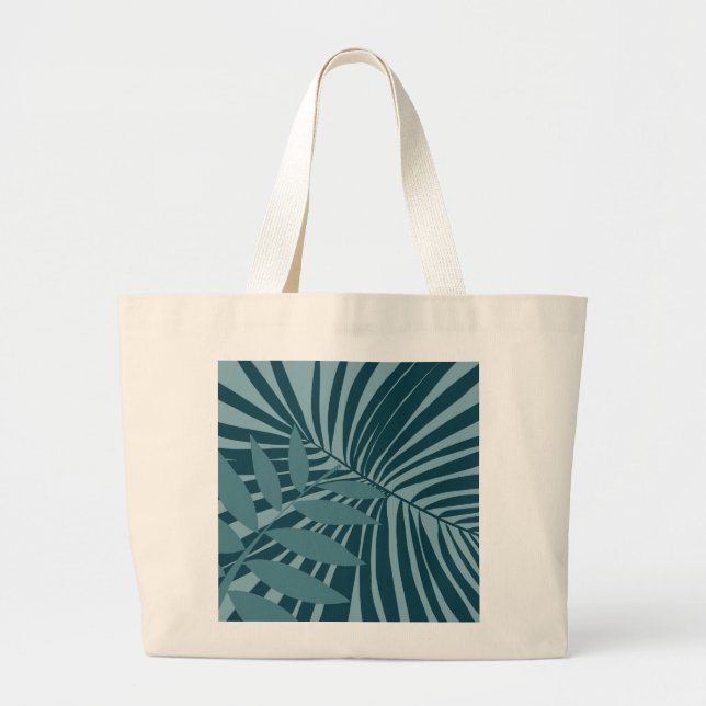 palm & tropical leaf abstract in blue green gray large tote bag (Front)