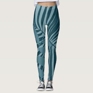 palm & tropical leaf abstract in blue green gray leggings